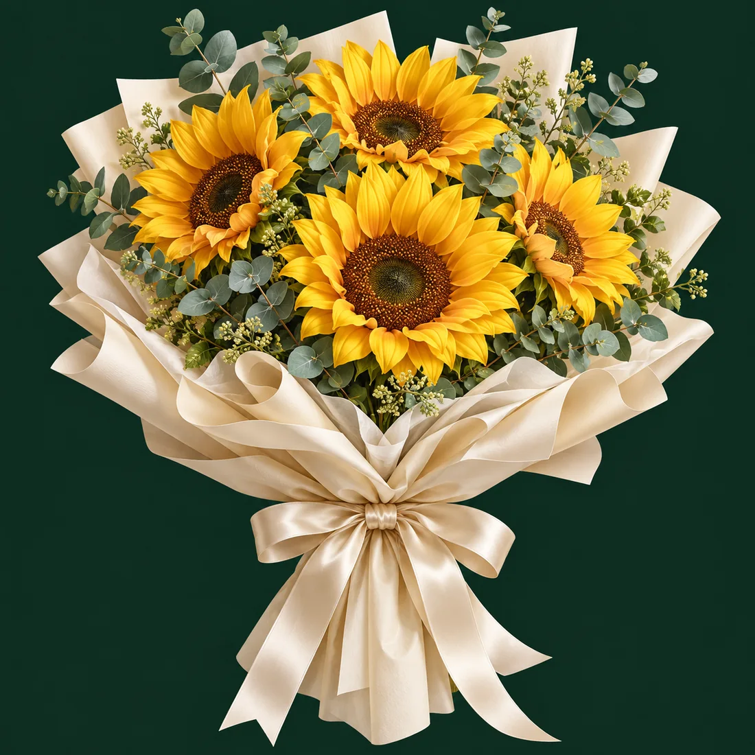 Ramo de girasoles amarillos con envoltura marfil y lazo de seda